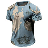 Vintage Men’s T-shirt Summer American Shirt Tops Compass Printed Short-sleeve Tees Loose Daily Men Clothing Casual