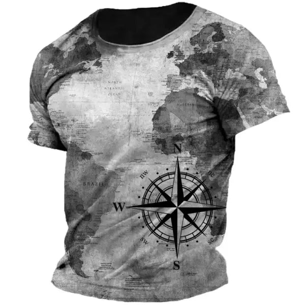 Vintage Men’s T-shirt Summer American Shirt Tops Compass Printed Short-sleeve Tees Loose Daily Men Clothing Casual