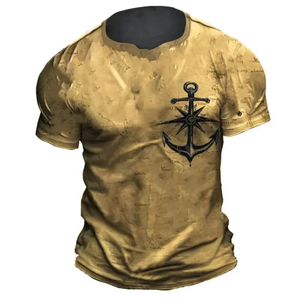 Vintage Men’s T-shirt Summer American Shirt Tops Compass Printed Short-sleeve Tees Loose Daily Men Clothing Casual