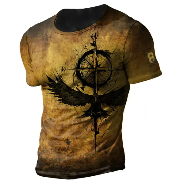 Vintage Men’s T-shirt Summer American Shirt Tops Compass Printed Short-sleeve Tees Loose Daily Men Clothing Casual