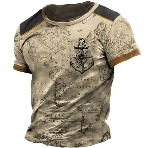 Vintage Men’s T-shirt Summer American Shirt Tops Compass Printed Short-sleeve Tees Loose Daily Men Clothing Casual