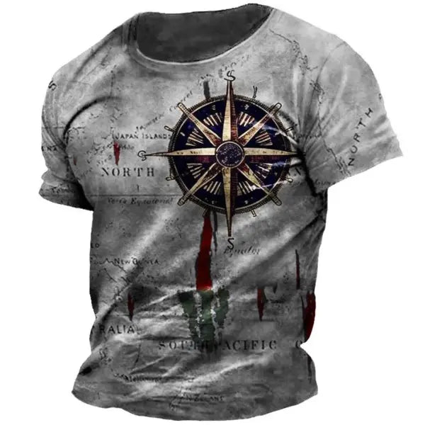 Vintage Men’s T-shirt Summer American Shirt Tops Compass Printed Short-sleeve Tees Loose Daily Men Clothing Casual