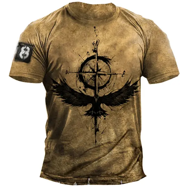 Vintage Men’s T-shirt Summer American Shirt Tops Compass Printed Short-sleeve Tees Loose Daily Men Clothing Casual