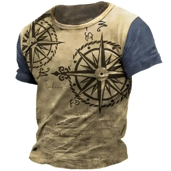 Vintage Men’s T-shirt Summer American Shirt Tops Compass Printed Short-sleeve Tees Loose Daily Men Clothing Casual