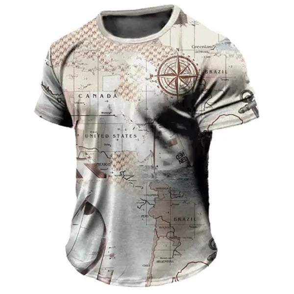 Vintage Men’s T-shirt Summer American Shirt Tops Compass Printed Short-sleeve Tees Loose Daily Men Clothing Casual