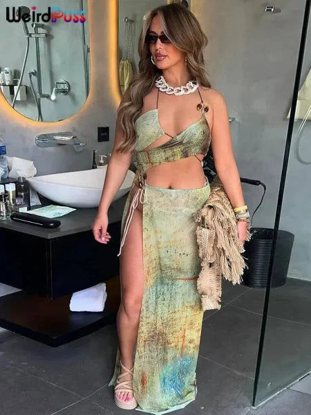Vintage Print Hollow Halter Dress for Chic Vintage Summer Fashion - Himpall