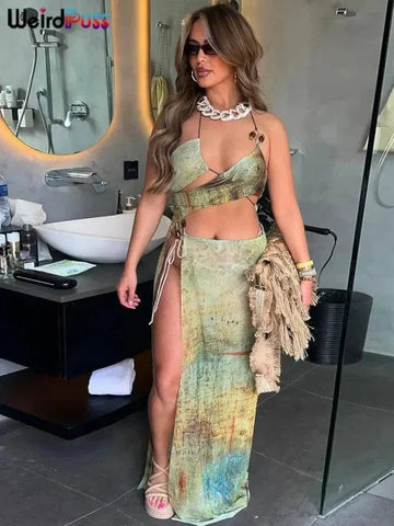Vintage Print Hollow Halter Dress for Chic Vintage Summer Fashion - Himpall