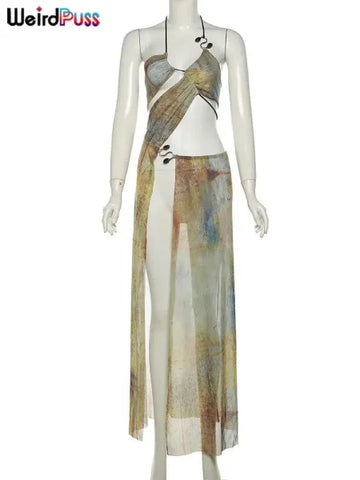 Vintage Print Hollow Halter Dress for Chic Vintage Summer Fashion - Himpall