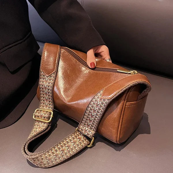 Vintage PU Leather Boston Bag – Women’s Small Designer Crossbody