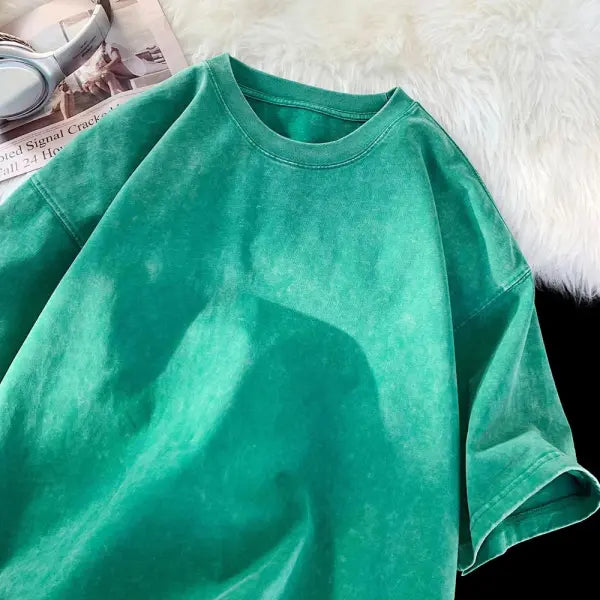 Vintage Snowflake Point Solid Color T-Shirts For Men Women 100% Cotton Short Sleeve Wash With Old Water Street Hip Hop