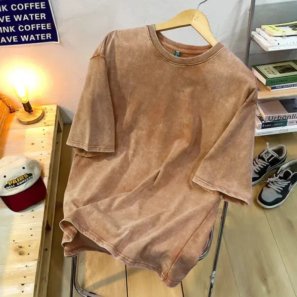 Vintage Snowflake Point Solid Color T-Shirts For Men Women 100% Cotton Short Sleeve Wash With Old Water Street Hip Hop