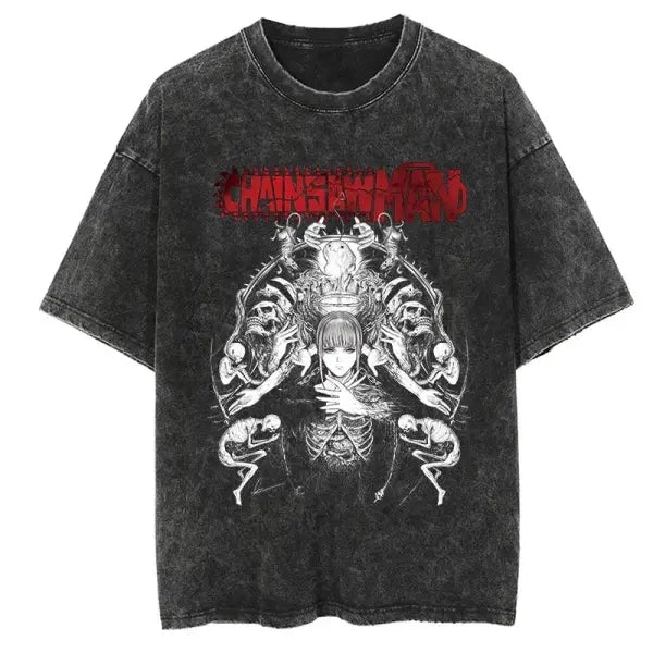Vintage Washed Chainsaw Man Makima Cotton Short Sleeved Shirt - 5 / 4XL