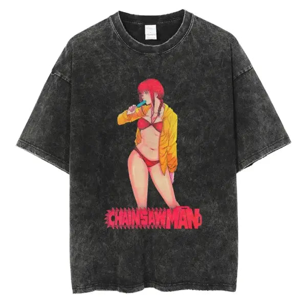 Vintage Washed Chainsaw Man Makima Cotton Short Sleeved Shirt - 9 / 4XL