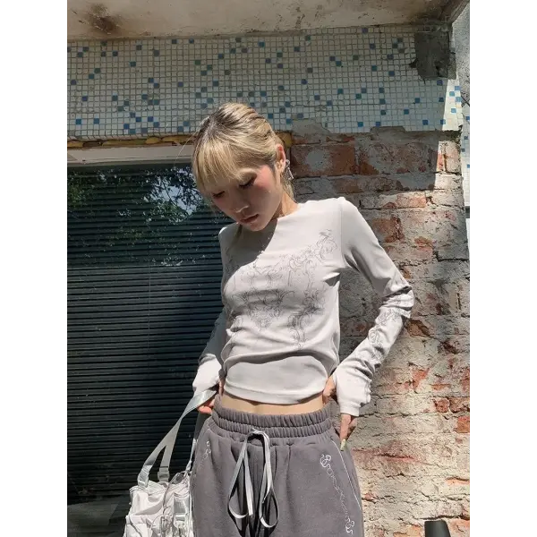 Slim Fit Knit White O Neck Short Clothing Length Women Clothes Y2K - Gray / M