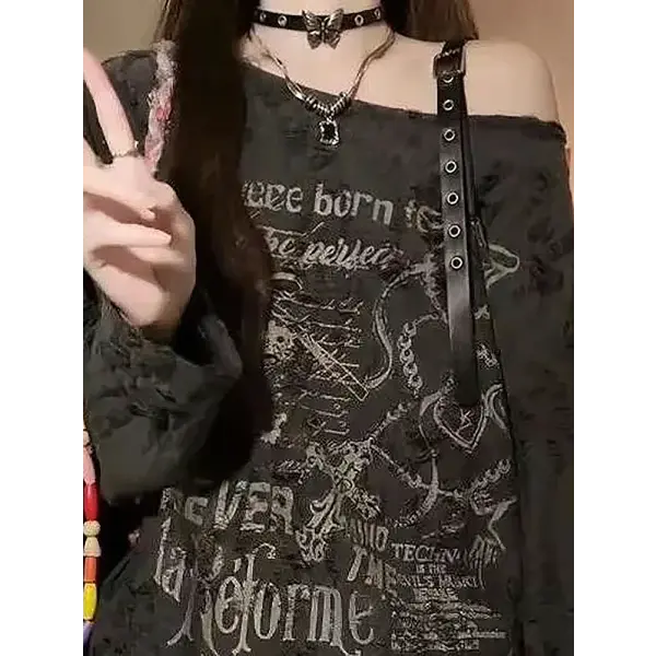 Vintage Y2K Oversized Off-Shoulder T-Shirt - Distressed Hole Print Hip-Hop Baggy Long Sleeve Top
