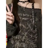 Vintage Y2K Oversized Off-Shoulder T-Shirt - Distressed Hole Print Hip-Hop Baggy Long Sleeve Top