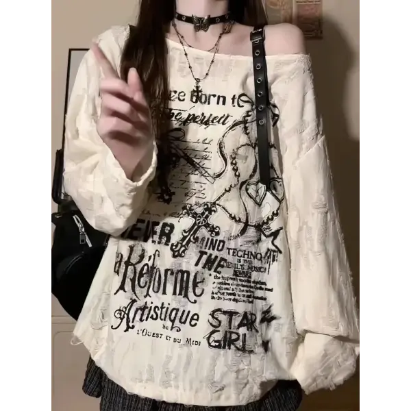 Vintage Y2K Oversized Off-Shoulder T-Shirt - Distressed Hole Print Hip-Hop Baggy Long Sleeve Top