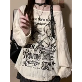 Vintage Y2K Oversized Off-Shoulder T-Shirt - Distressed Hole Print Hip-Hop Baggy Long Sleeve Top
