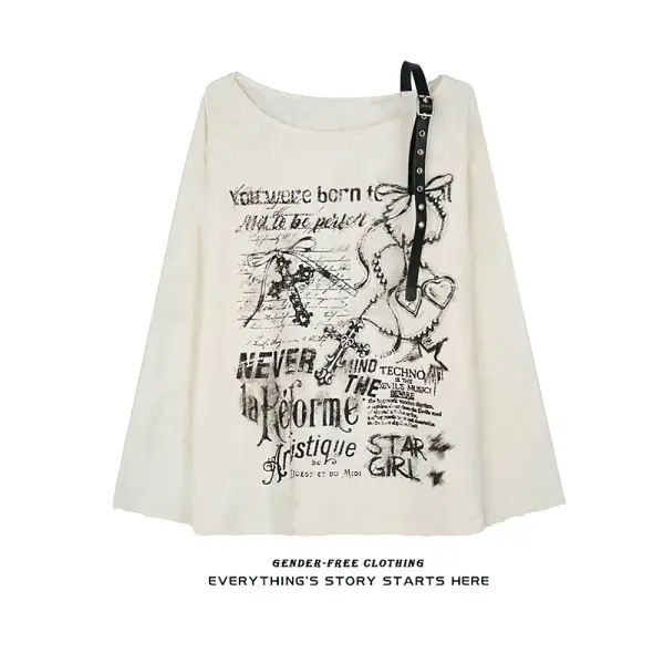 Vintage Y2K Oversized Off-Shoulder T-Shirt - Distressed Hole Print Hip-Hop Baggy Long Sleeve Top - Beige / XS