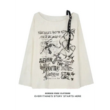 Vintage Y2K Oversized Off-Shoulder T-Shirt - Distressed Hole Print Hip-Hop Baggy Long Sleeve Top - Beige / XS