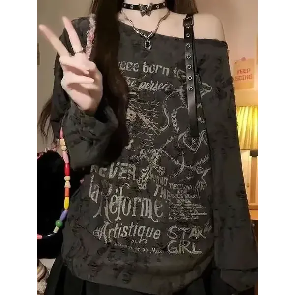 Vintage Y2K Oversized Off-Shoulder T-Shirt - Distressed Hole Print Hip-Hop Baggy Long Sleeve Top