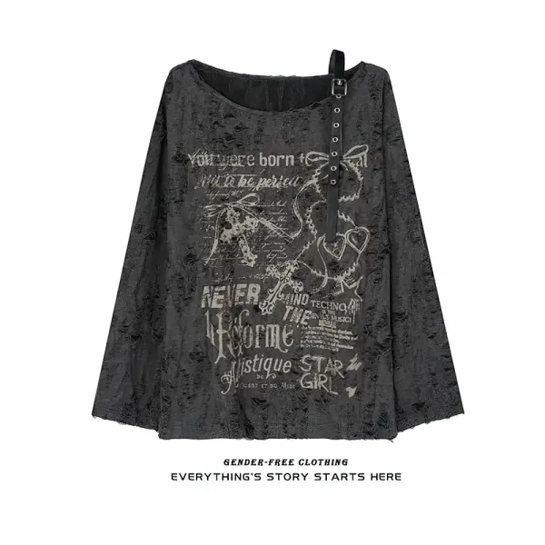 Vintage Y2K Oversized Off-Shoulder T-Shirt - Distressed Hole Print Hip-Hop Baggy Long Sleeve Top - black / XS