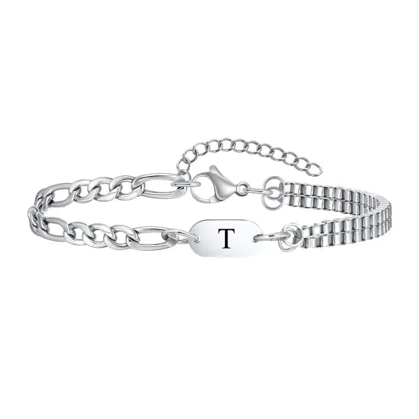 Stainless Steel Chain Bracelets Initial Link Jewelry Gift - T