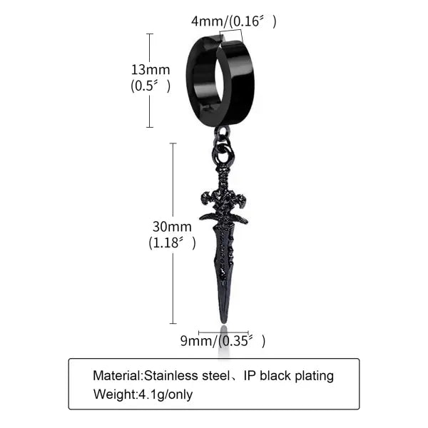 Black steel clip earrings for unisex (stainless steel) – Gothic rock style - ED-457B01-1