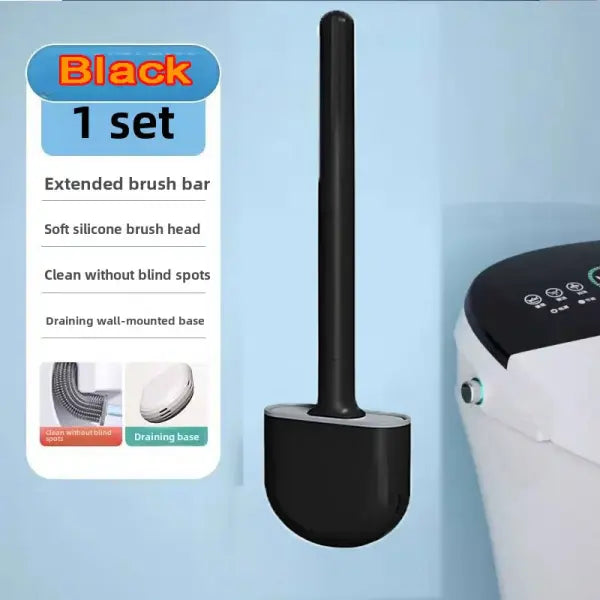 Wall-Mounted Silicone Toilet Brush Set Long-Handle Efficient Cleaning Tool with Holder - black