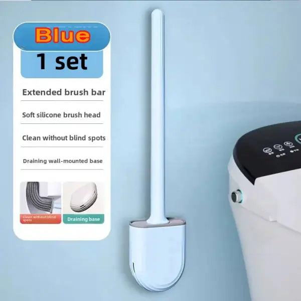 Wall-Mounted Silicone Toilet Brush Set Long-Handle Efficient Cleaning Tool with Holder - blue