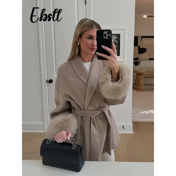 Women’s Woolen Patchwork Coat – Warm Fur-Lined Lace-Up Winter Overcoat with Turn-Down Collar