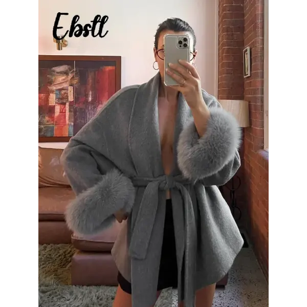 Women’s Woolen Patchwork Coat – Warm Fur-Lined Lace-Up Winter Overcoat with Turn-Down Collar