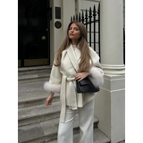 Women’s Woolen Patchwork Coat – Warm Fur-Lined Lace-Up Winter Overcoat with Turn-Down Collar