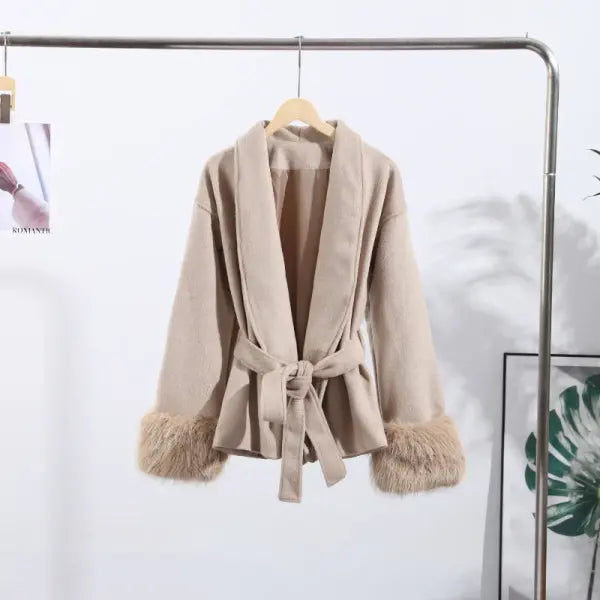 Women’s Woolen Patchwork Coat – Warm Fur-Lined Lace-Up Winter Overcoat with Turn-Down Collar - Apricot / M