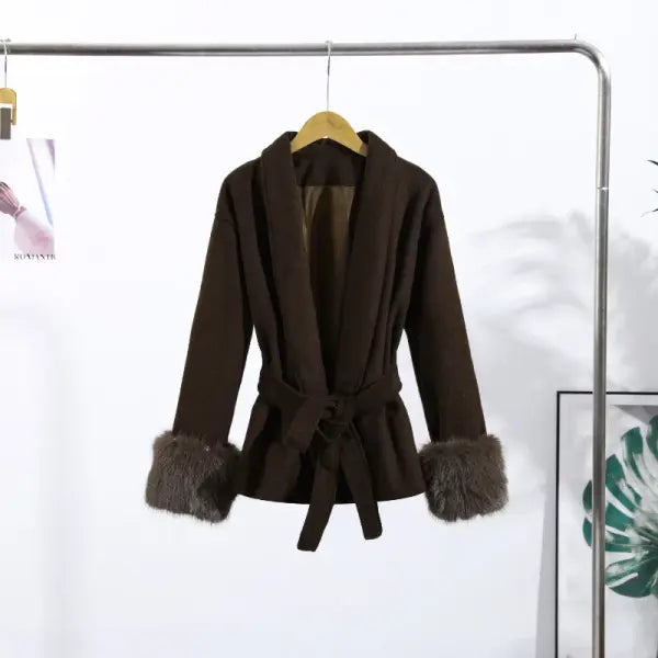Women’s Woolen Patchwork Coat – Warm Fur-Lined Lace-Up Winter Overcoat with Turn-Down Collar - Brown / S