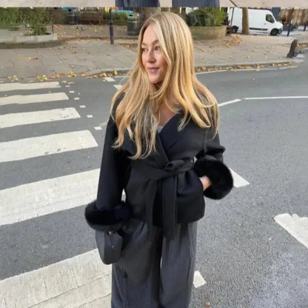 Women’s Woolen Patchwork Coat – Warm Fur-Lined Lace-Up Winter Overcoat with Turn-Down Collar - Black / L