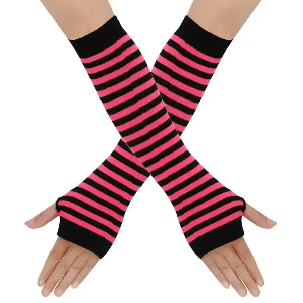 Women’s Knitted Long Fingerless Gloves – Warm Elbow-Length Mittens Striped Fashion Winter Emo Style - 06