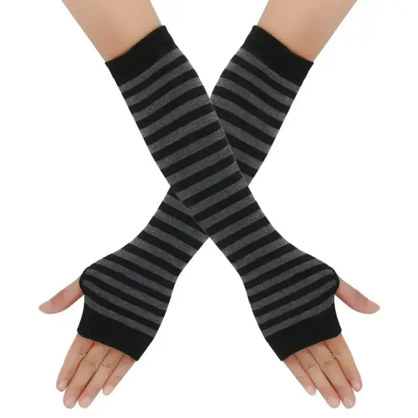 Women’s Knitted Long Fingerless Gloves – Warm Elbow-Length Mittens Striped Fashion Winter Emo Style - 02