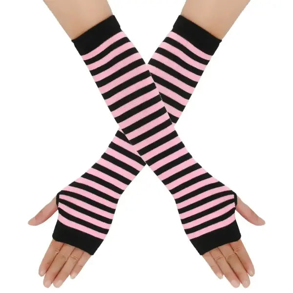 Women’s Knitted Long Fingerless Gloves – Warm Elbow-Length Mittens Striped Fashion Winter Emo Style - 09
