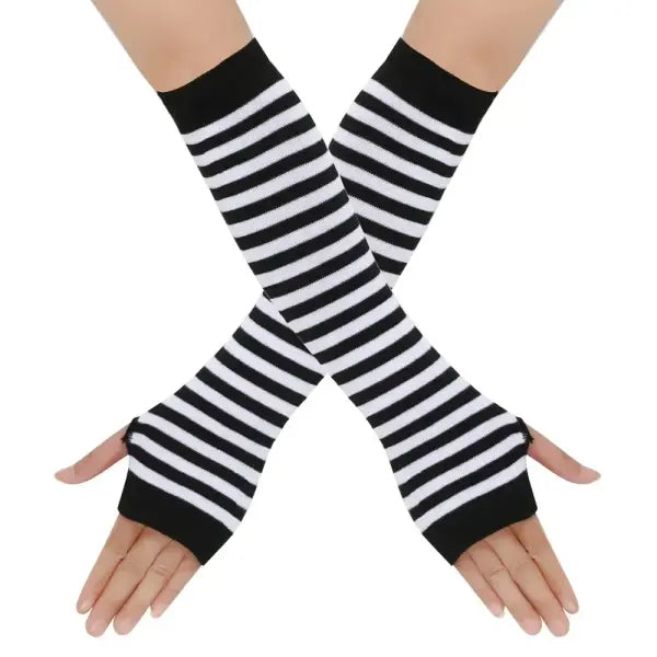 Women’s Knitted Long Fingerless Gloves – Warm Elbow-Length Mittens Striped Fashion Winter Emo Style - 01