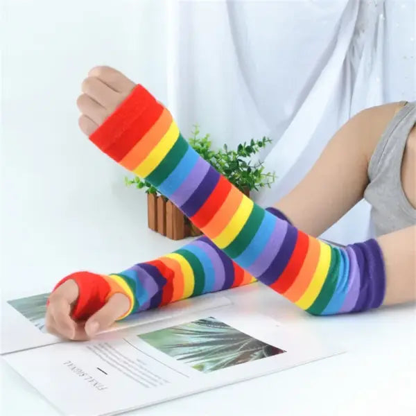 Women’s Knitted Long Fingerless Gloves – Warm Elbow-Length Mittens Striped Fashion Winter Emo Style - 11
