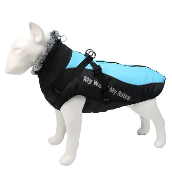 Waterproof Winter Dog Coat with Harness – Warm Jacket for Large Dogs Furry Collar Pet Clothing for Labrador & Bulldog