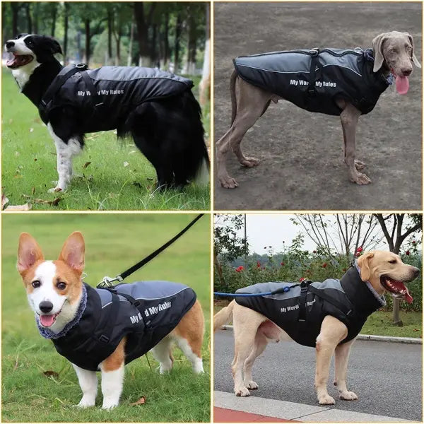 Waterproof Winter Dog Coat with Harness – Warm Jacket for Large Dogs Furry Collar Pet Clothing for Labrador & Bulldog