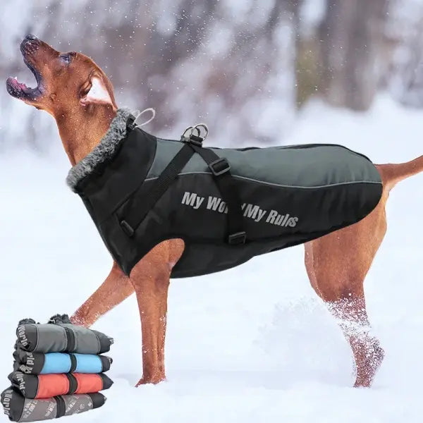 Waterproof Winter Dog Coat with Harness – Warm Jacket for Large Dogs Furry Collar Pet Clothing for Labrador & Bulldog