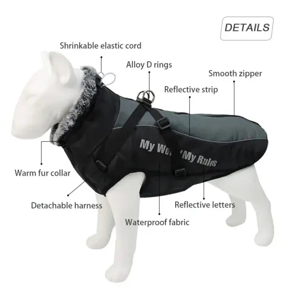 Waterproof Winter Dog Coat with Harness – Warm Jacket for Large Dogs Furry Collar Pet Clothing for Labrador & Bulldog