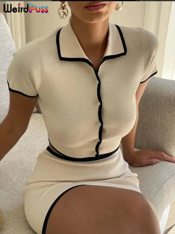 Weird Puss 2 Piece Ribbed Set – Women's Crop Top & Mini Skirt Outfit - Himpall