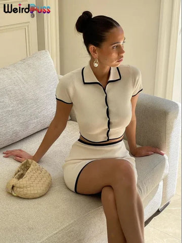 Weird Puss 2 Piece Ribbed Set – Women's Crop Top & Mini Skirt Outfit - Himpall