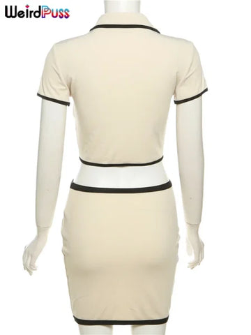 Weird Puss 2 Piece Ribbed Set – Women's Crop Top & Mini Skirt Outfit - Himpall