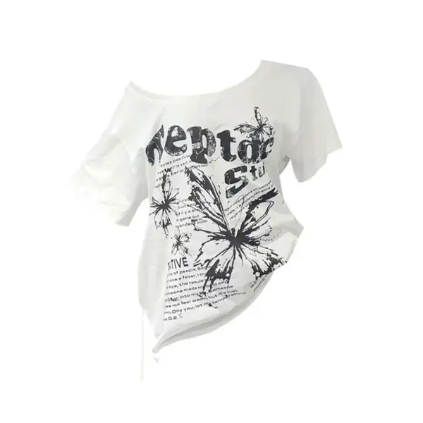 White Cotton Y2K Vintage Butterfly Print Slash Neck Oversize Tee