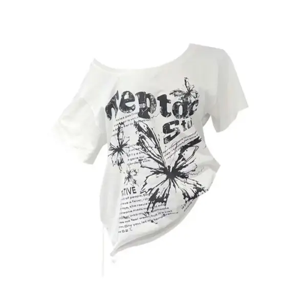 White Cotton Y2K Vintage Butterfly Print Slash Neck Oversize Tee - WHITE / S